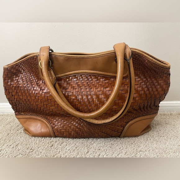 Vintage Cole Haan basket weave Tan Woven Leather Tote boho chic coastal - Picture 2 of 16
